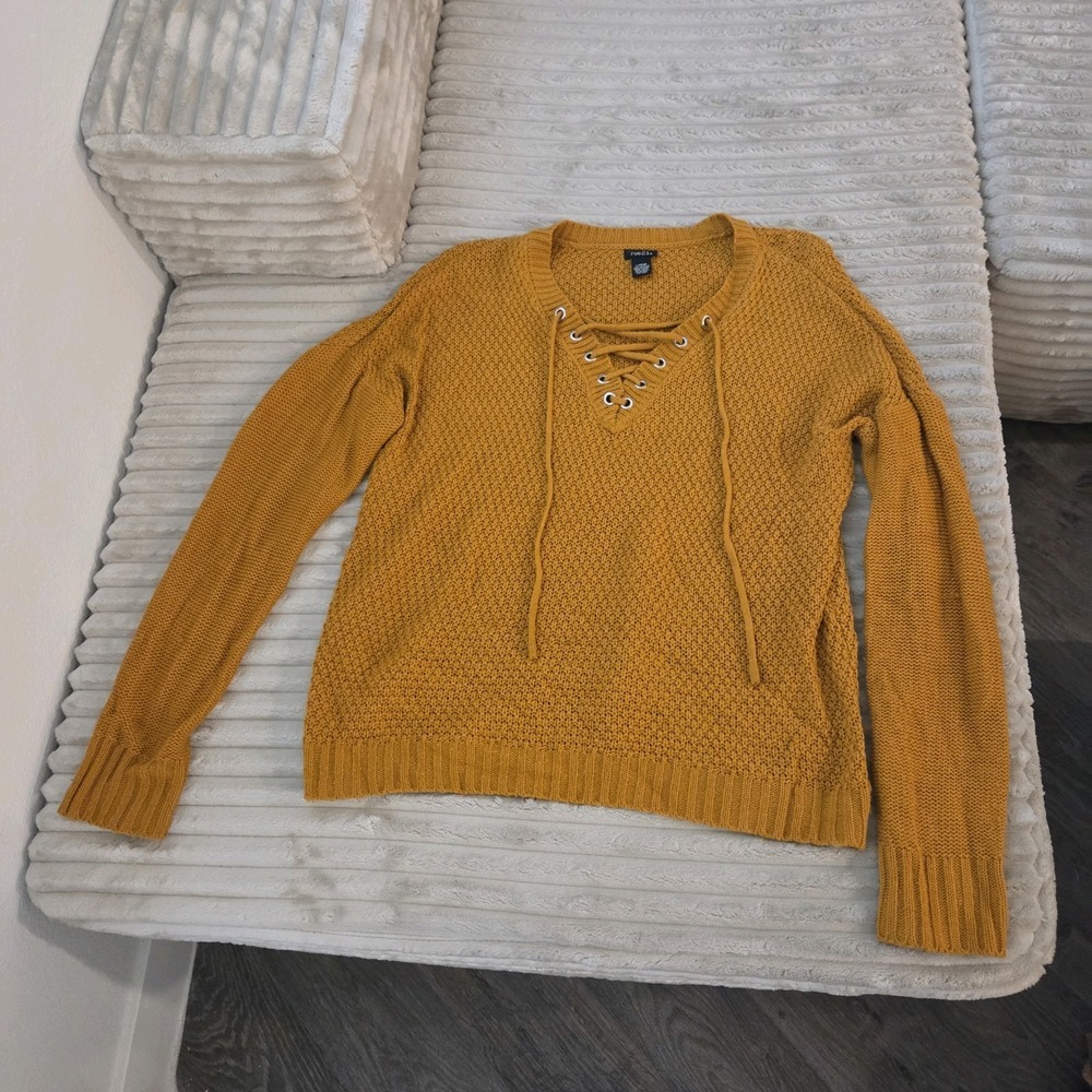 Rue21 Mustard Yellow Lace Up V Neck Long Sleeve Knit Sweater Large